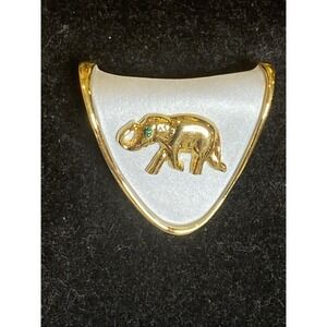 HOBE Signed Pendant Elephant with Green Gem on Silver and Gold Tone 1" x 1.25"